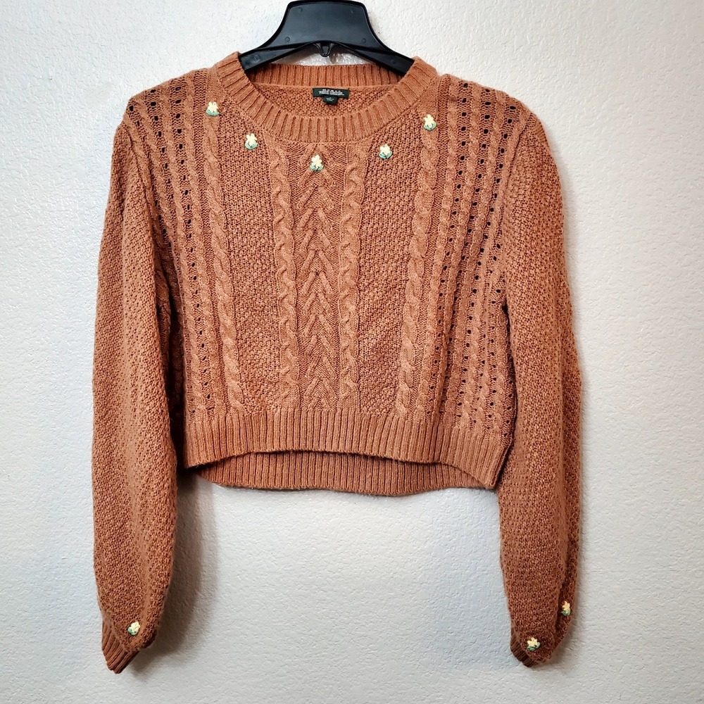 Wild Fable ♡ Orange Floral Embroidered Cropped‎ Cable Knit Sweater Women ♡ Large